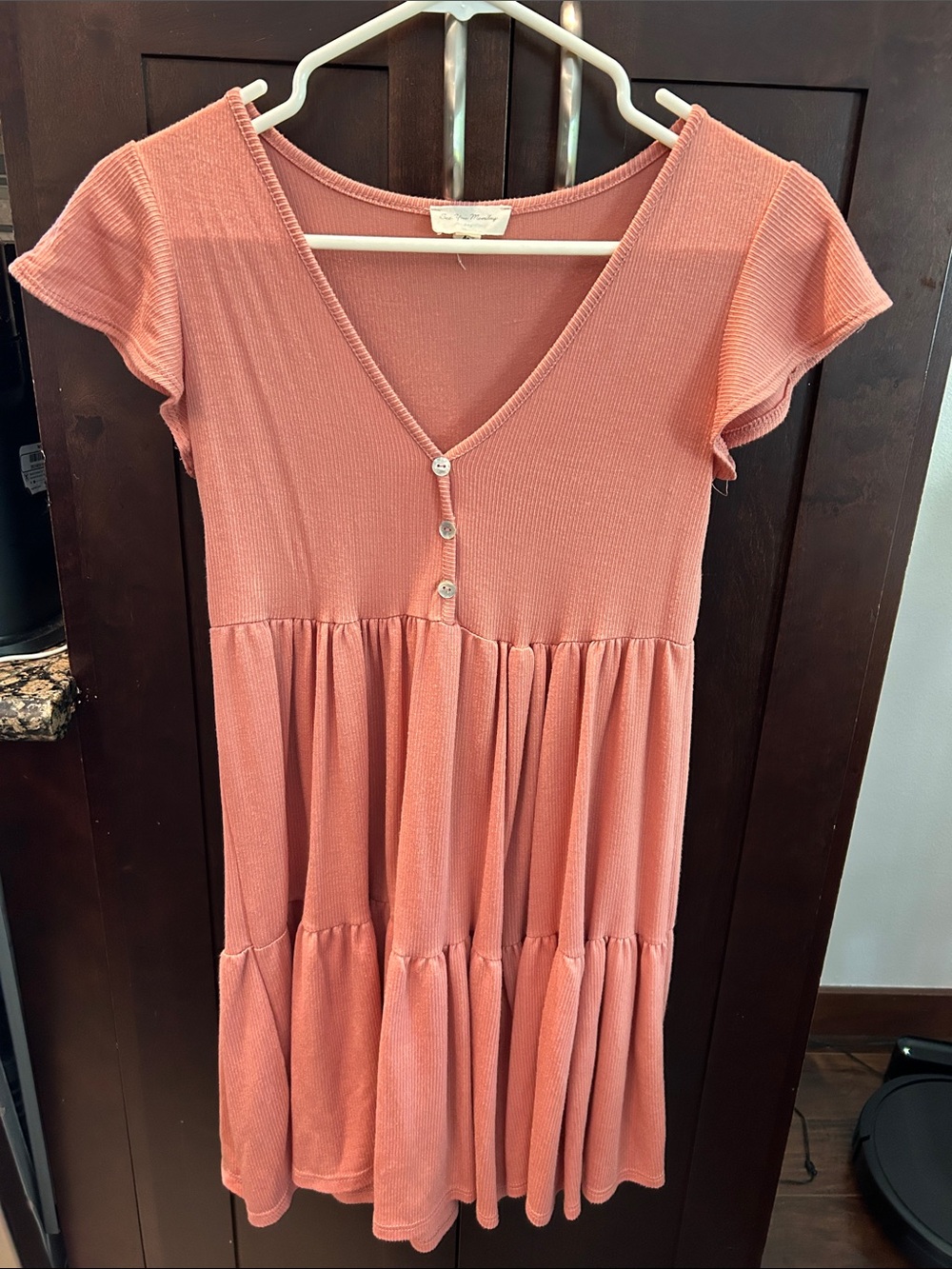See You Monday Rose Coral Ribbed V-Neck Mini Dress